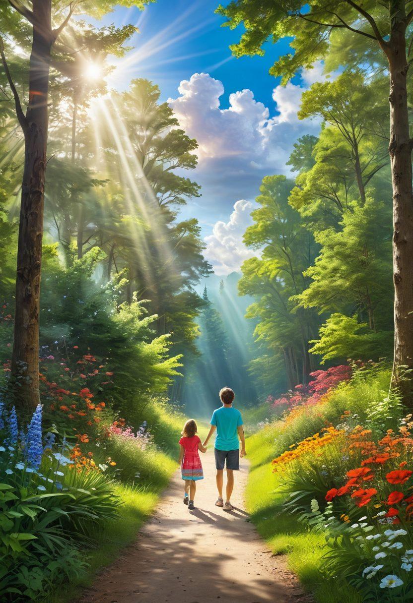A serene landscape featuring a sunlit pathway through a lush green forest, with colorful flowers blooming along the sides. In the foreground, a joyful person with an open smile holding hands with a child, both radiating happiness. Soft, flowing clouds overhead and rays of sunlight filtering through the trees create an uplifting atmosphere. super-realistic. vibrant colors.