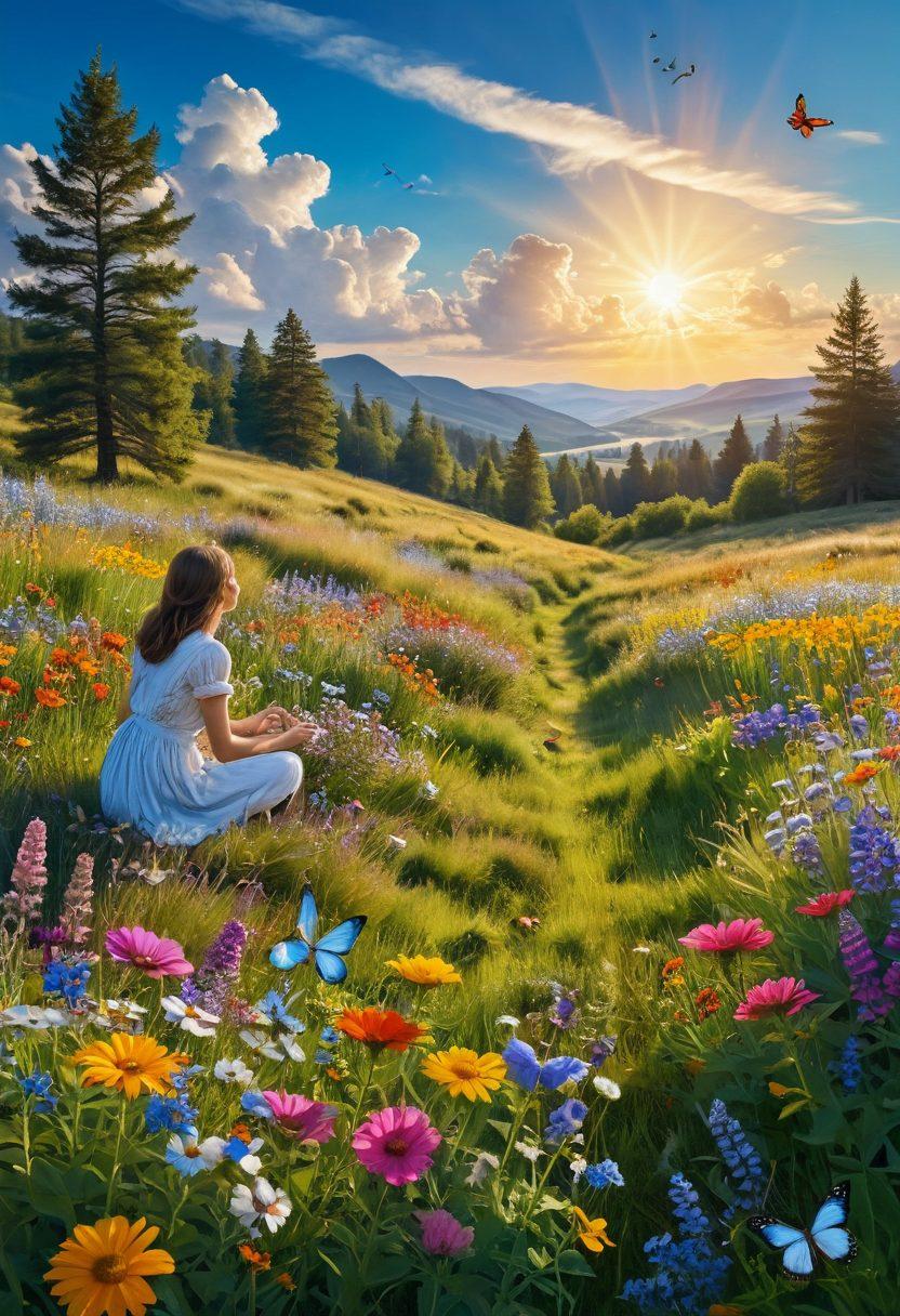 A serene landscape featuring a sunlit meadow filled with colorful wildflowers, where a diverse group of people are joyfully laughing and playing together, embodying the essence of happiness and carefree living. Include elements like butterflies and a gentle breeze, radiating warmth and positivity. The sky should be bright blue with fluffy white clouds, evoking a sense of freedom and joy. vector art. vibrant colors. cheerful atmosphere.