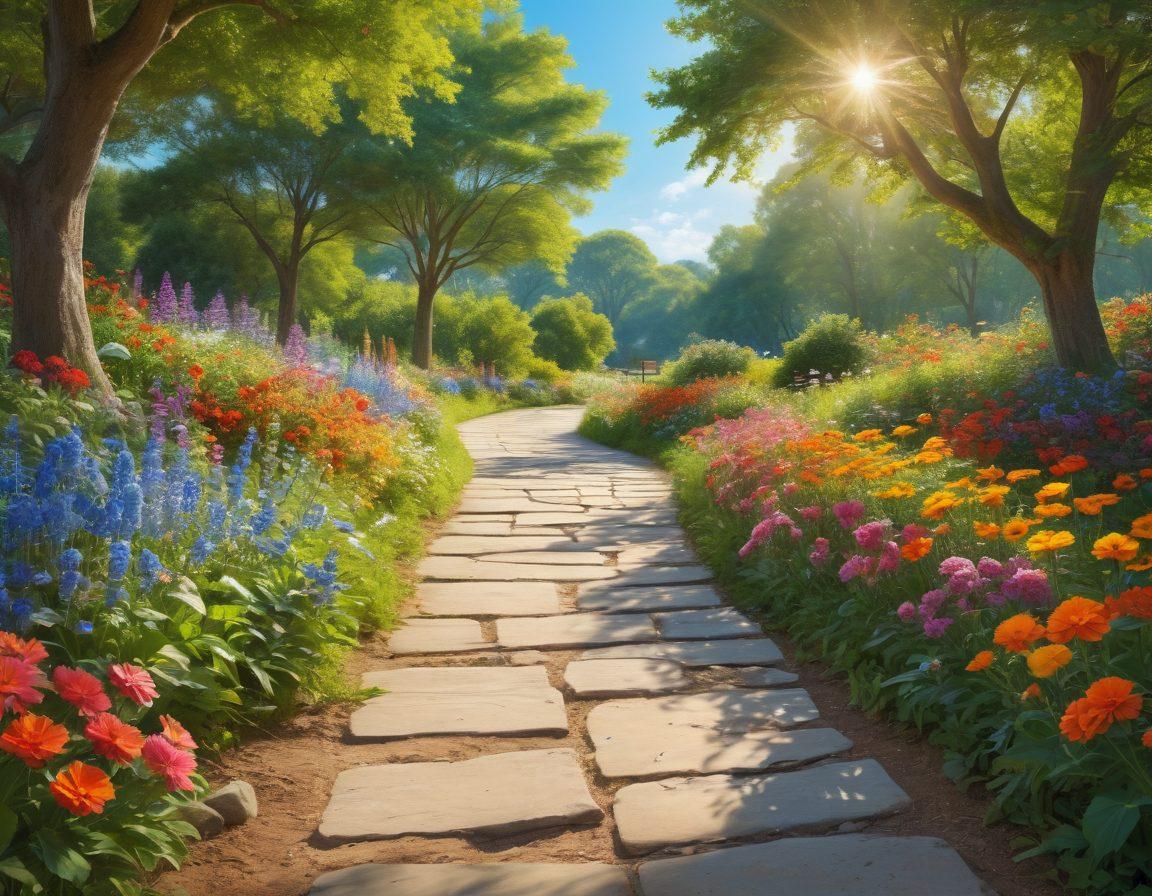 A serene landscape depicting a sunlit pathway winding through a lush green park, with diverse people of different ages joyfully engaging in activities like reading, meditating, and playing. Colorful flowers bloom along the path, and a bright blue sky enhances the cheerful atmosphere. Include symbols of happiness like sunshines and butterflies in the background. vibrant colors. super-realistic.